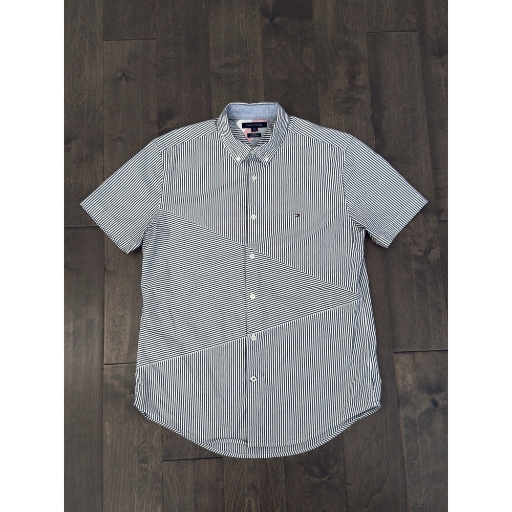 Tommy Hilfiger Mens Grey Bengal Stripe Button Down Slim Fit Size L Flag Logo